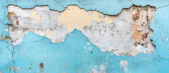 Poster - Textured blue wall with peeling paint and cracks revealing layers beneath, suitable for backgrounds and abstract designs, Copy Space