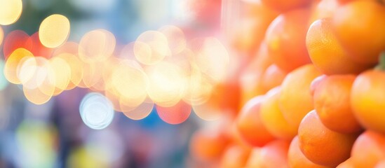 Poster - Focus on vibrant oranges with bokeh background, bright lights, and soft colors, ideal for food and market themes, Copy Space