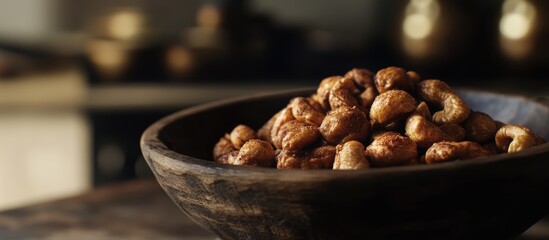 Poster - Bowl of roasted cashews displayed on a wooden table with a blurred background and warm lighting Copy Space