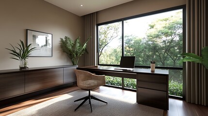 Poster - A modern tropical home office featuring dark wooden accents, perfect for contemporary workspace aesthetics.