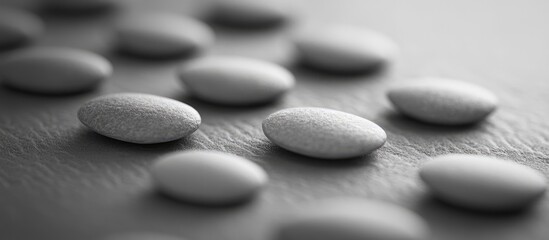 Poster - Smooth gray pebbles arranged on a textured surface in soft focus with natural lighting and Copy Space for text addition