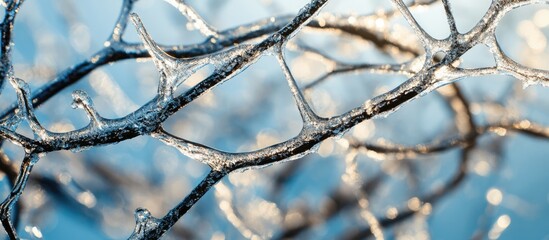 Poster - Icy branches with frozen droplets glistening in sunlight against a blurred blue background Copy Space