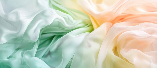 Poster - Colorful soft fabric texture with flowing silk in pastel shades of mint green, light orange, and cream, suitable for background design and copy space