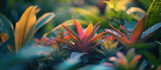 Poster - Vibrant assortment of tropical plants with varied leaf shapes and colors in natural light with droplets of water, Copy Space
