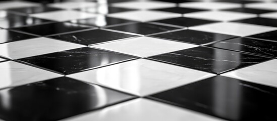 Aufkleber - Black and white checkered marble tile floor background with glossy finish and reflections Copy Space