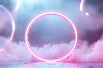 Poster - A vibrant pink neon halo illuminates the backdrop, surrounded by soft clouds and light flares, providing a perfect setting for stylish text and designs to shine brightly