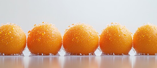 Poster - Fresh oranges with water droplets arranged in a line on a reflective surface with soft background for food photography Copy Space