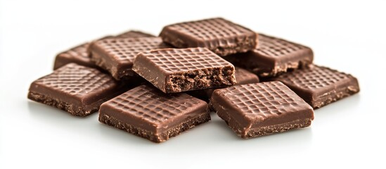 Poster - Chocolate wafer blocks stacked on a white background with smooth textures and patterns Copy Space