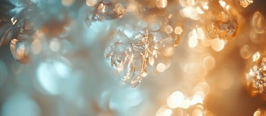 Poster - Abstract background with golden and blue shimmering bokeh blurred lights creating a tranquil and dreamy atmosphere with copy space