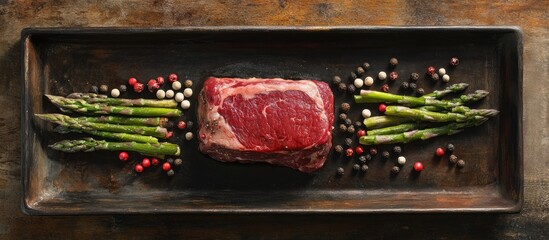 Aufkleber - Raw beef steak surrounded by asparagus and assorted peppercorns on a wooden serving platter with copy space