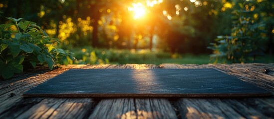 Poster - Sunset over wooden table with chalkboard and lush greenery in background, perfect for adding text, Copy Space