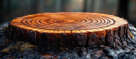 Aufkleber - Wooden tree stump with detailed growth rings and textured bark in a natural outdoor setting. Copy Space