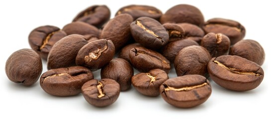 Aufkleber - Brown coffee beans arranged on a white background with soft shadows and ample Copy Space for text placement.