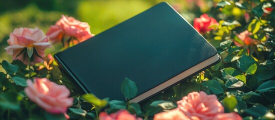 Aufkleber - Black notebook resting on pink roses with blurred background and natural light showcasing greenery and floral details Copy Space