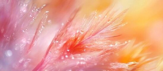 Poster - Colorful abstract floral background with soft focus and water droplets on petals, featuring warm hues of pink and orange, Copy Space