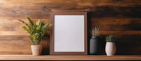 Poster - Wooden wall background with empty frame and various potted plants on a shelf showcasing indoor decor Copy Space