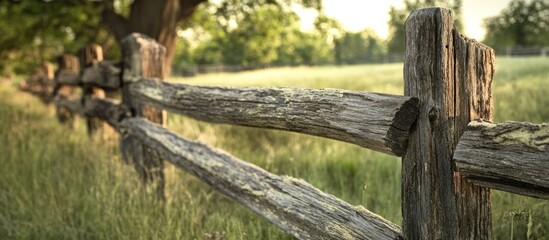 Aufkleber - Weathered wooden fence in a green field with trees in the background during golden hour light Copy Space
