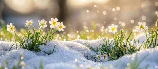 Poster - White flowers blooming through snow with dewdrops and blurred background in a natural setting with soft light. Copy Space