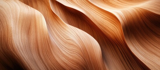 Poster - Abstract close-up of smooth wooden surface with flowing waves and natural light highlighting grain patterns and textures, Copy Space