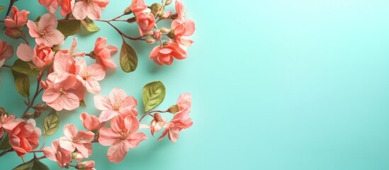 Poster - Peach color cherry blossom flowers on mint background with green leaves and ample copy space for text insertion