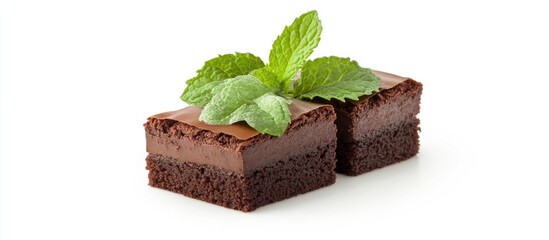 Poster - Chocolate brownies with mint leaves on top displayed on a white background with Copy Space