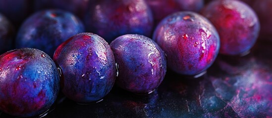 Aufkleber - Close-up of fresh plums with water droplets on dark reflective surface Copy Space