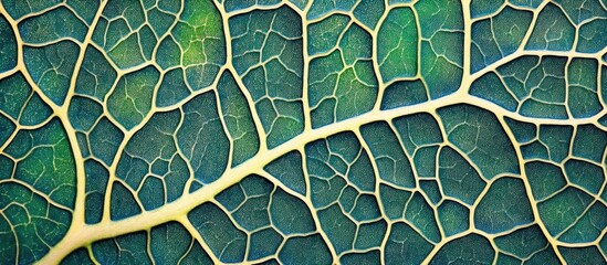 Poster - Close-up view of a leaf with intricate veins and textures in shades of green and yellow, offering detailed natural patterns, Copy Space.