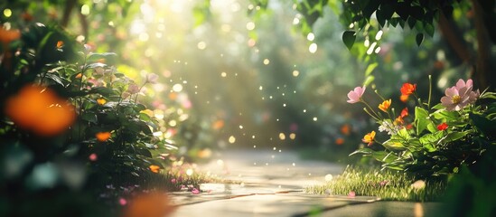 Aufkleber - Lush garden pathway with blooming flowers and sunlight filtering through greenery, creating a tranquil natural scene with soft bokeh effect. Copy Space