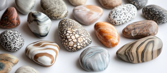 Aufkleber - Various smooth decorative stones with unique patterns and colors arranged on a white background with Copy Space