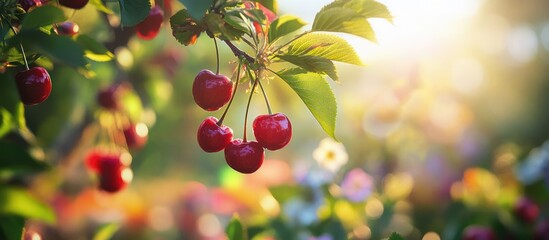 Poster - Fresh ripe cherries hanging from branches in a garden with soft sunlight and blurred flowers in the background Copy Space