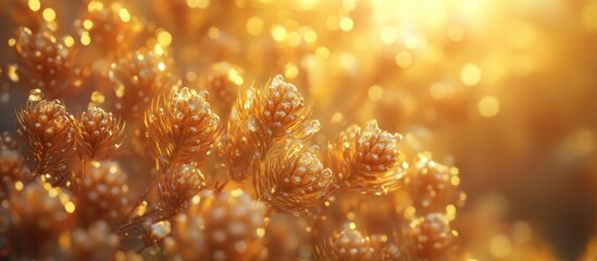 Poster - Close-up of golden flowers and plant buds illuminated by soft warm sunlight with bokeh effect and rich details, Copy Space