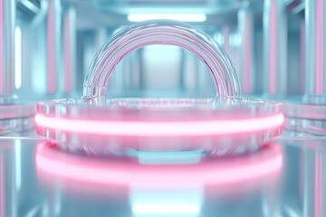 Poster - a vibrant pink neon halo creates a striking focal point reflected on a smooth chrome background, off