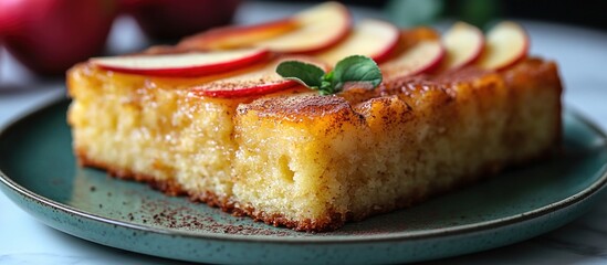 Aufkleber - Freshly baked apple cake with sliced apples on top served on a green plate with a mint garnish and red apples in the background Copy Space