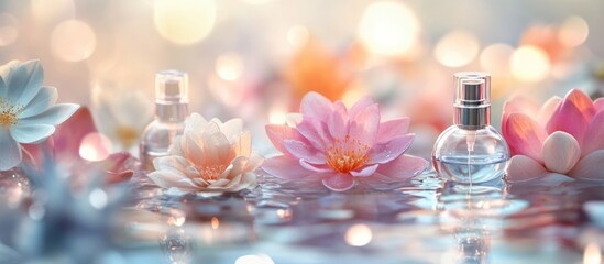 Poster - Perfume bottles surrounded by water lilies with soft bokeh background and natural light reflections Copy Space
