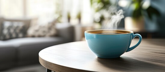 Poster - Blue ceramic coffee cup with steam on wooden table in cozy living room setting with blurred background and natural light Copy Space
