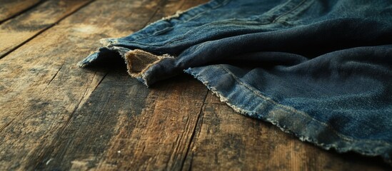 Aufkleber - Torn denim jeans fabric on rustic wooden surface with textured background and natural lighting Copy Space
