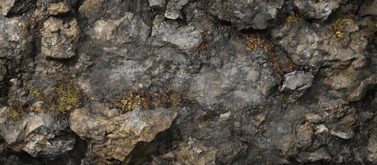 Aufkleber - Textured surface of a rugged rock wall with moss and lichen growth suitable for background use Copy Space