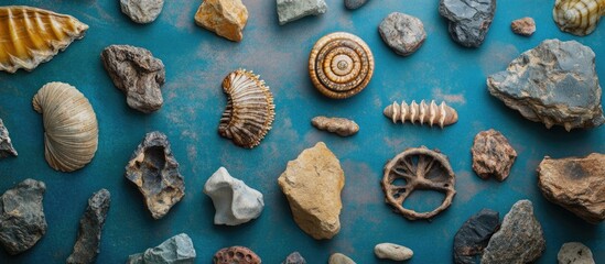 Poster - Collection of various shells and stones arranged on a blue surface showcasing natural textures and patterns Copy Space