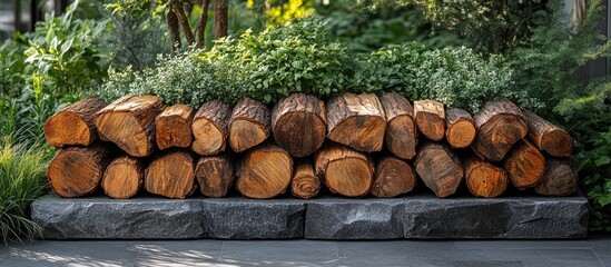 Aufkleber - Stacked wooden logs with green foliage in a natural garden setting photo with stones in foreground and ample copy space for text