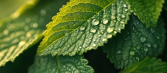 Poster - Close-up of green leaves with water droplets reflecting light natural texture and detail Copy Space