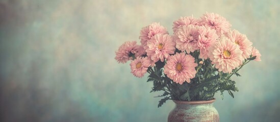 Poster - Pink daisies in a vintage vase on a soft textured background with natural light and Copy Space for text placement.
