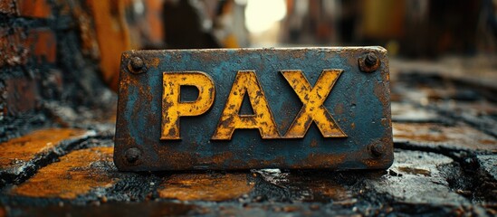 Poster - Rusty vintage metal sign displaying the word PAX surrounded by a weathered urban backdrop with soft focus and natural light