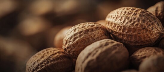 Aufkleber - Close-up view of textured brown walnut shells arranged in a natural setting with soft blurred background Copy Space
