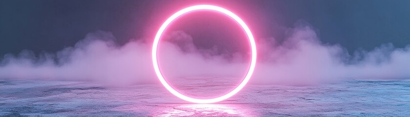 Poster - a vibrant pink neon halo shines brilliantly, casting soft reflections on a polished chrome backdrop.