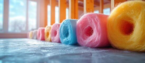 Poster - Colorful cotton candy rolls arranged in line with natural light streaming through large windows Copy Space