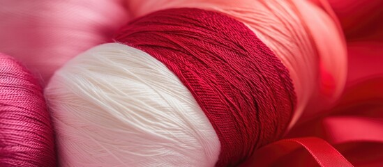 Aufkleber - Colorful spools of thread in pink, white, and red with a soft background and texture Copy Space