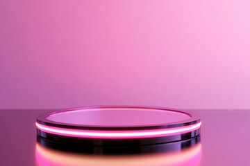 Poster - A vibrant pink neon halo shines on a sleek chrome background, casting soft reflections. The central area offers ample space for typography or design elements, enhancing visual appeal