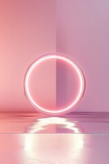 Poster - A glowing pink neon halo creates a striking visual effect against a smooth chrome backdrop. The central reflection provides ample space for typography and adds a modern aesthetic