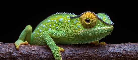 Poster - Vibrantly colored green amphibian resting on a branch with detailed skin texture against a dark background Copy Space