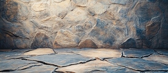 Poster - Textured stone wall background with uneven floor surface suitable for design projects and copy space for text placement.
